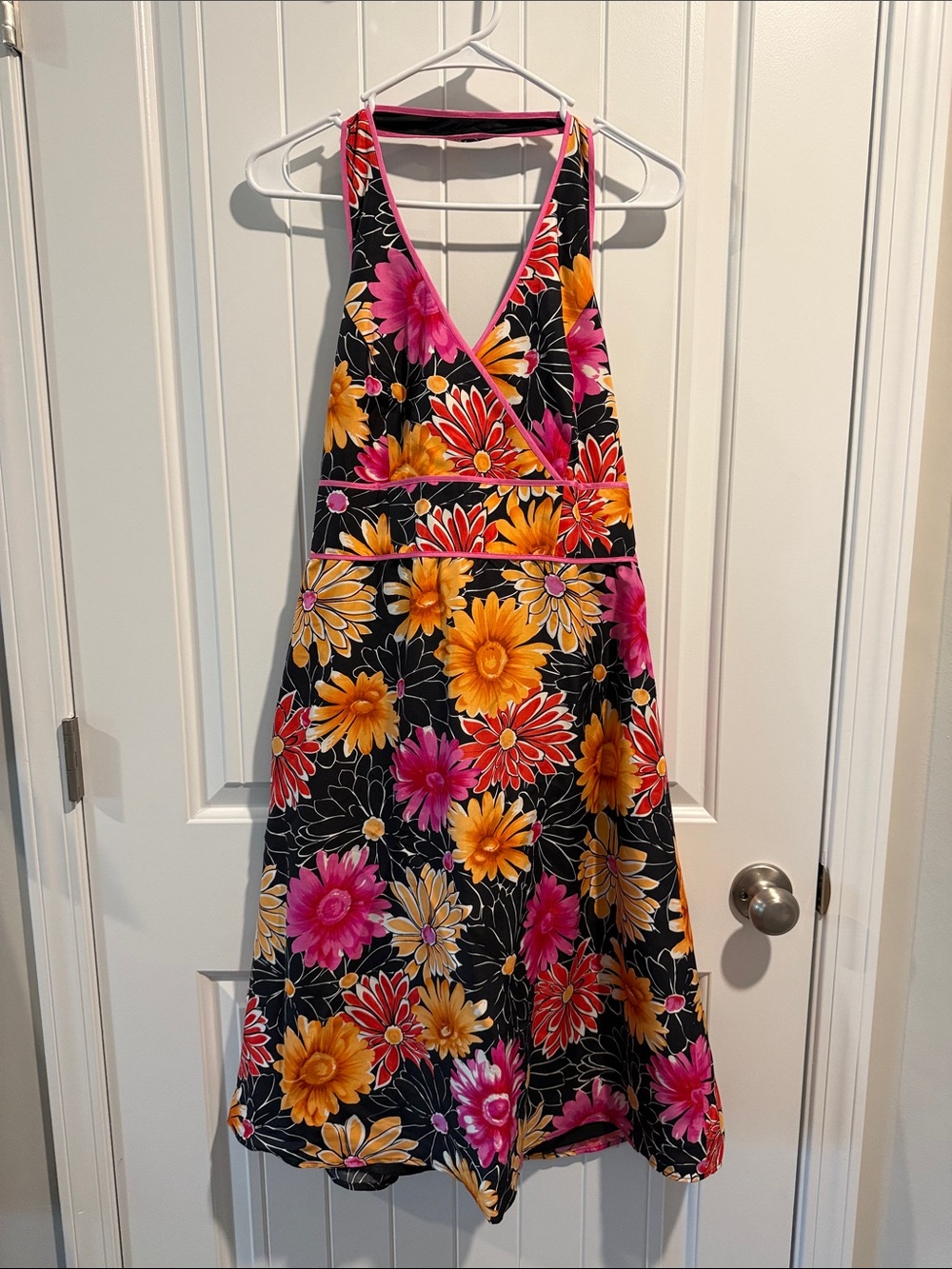 Madison Studio Black Floral Dress with Pink Trim and Yellow Blooms